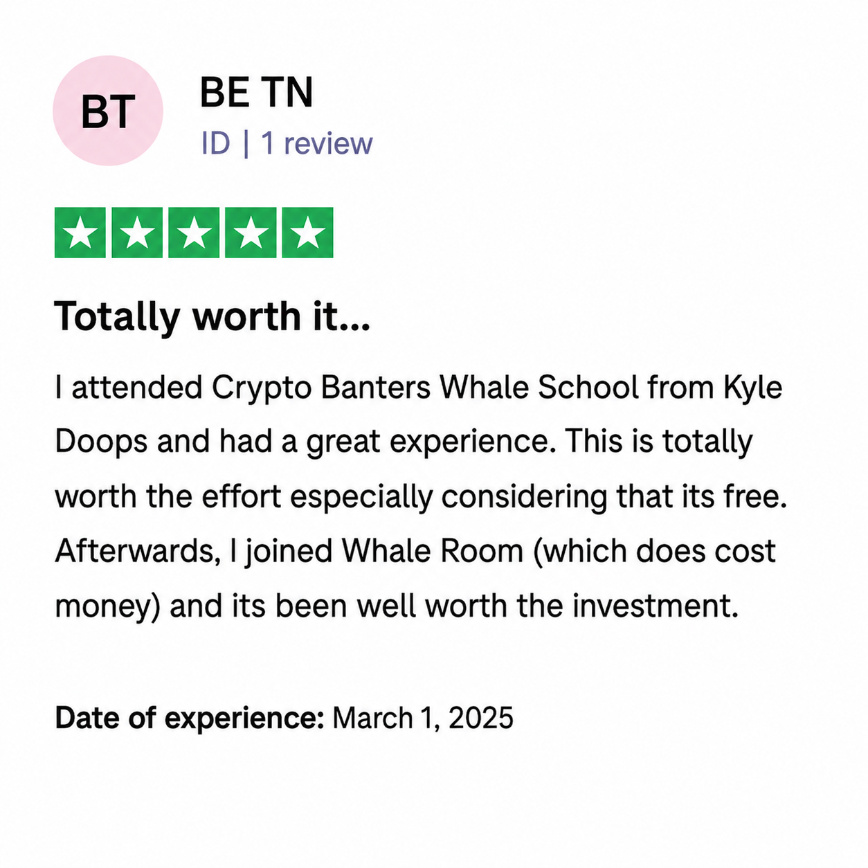 Trustpilot review from BE TN